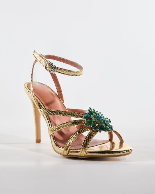 Emilee Diamond Flower Strap Cage Sandals In Gold