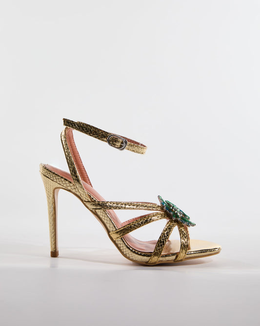 Emilee Diamond Flower Strap Cage Sandals In Gold