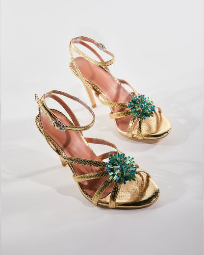 Emilee Diamond Flower Strap Cage Sandals In Gold