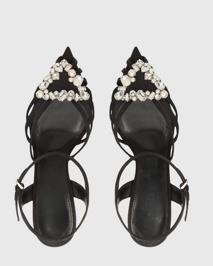 Emilee Diamond Triangle Strap Cage Sandals In Black