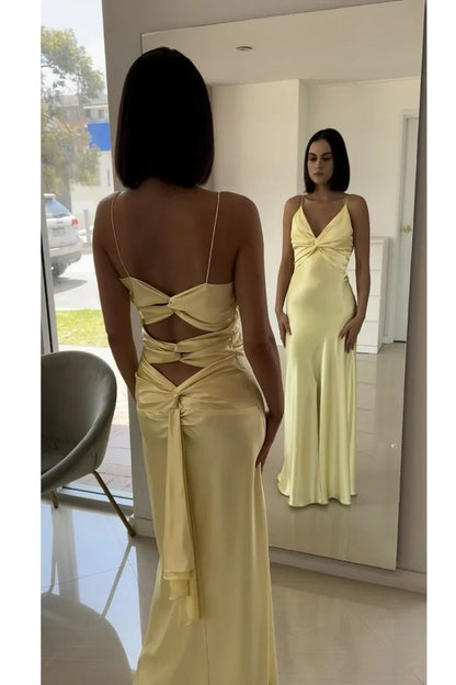 Vintage Yellow V-neck Mermaid Satin Spaghetti Strap Party Dress Evening Gown Bridesmaid Dress TP4297