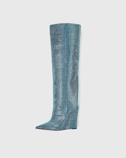 Enrica Rhinestone Embellished Wedge Knee High Boots