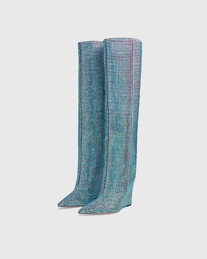 Enrica Rhinestone Embellished Wedge Knee High Boots