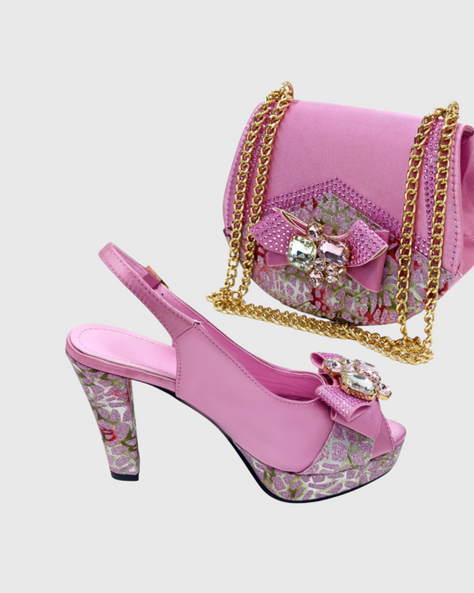Esme Bow Rhinestone Pumps & Bags Set In Pink
