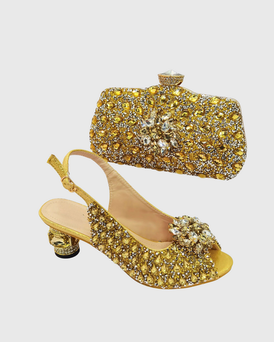 Esme Gem Embellished Sandals & Bags Set In Gold