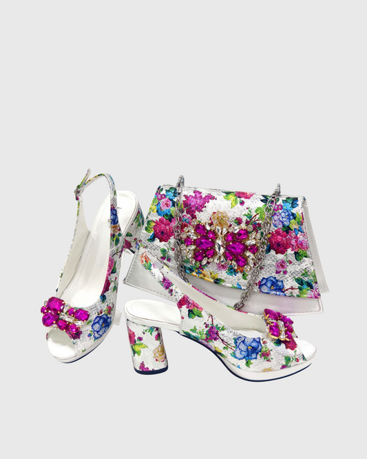 Esme Vintage Pattern Rhinestone Shoes & Bags Set In White