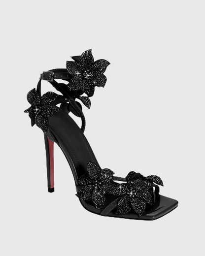 Ester Crystal Flower Strap Sandals In Black
