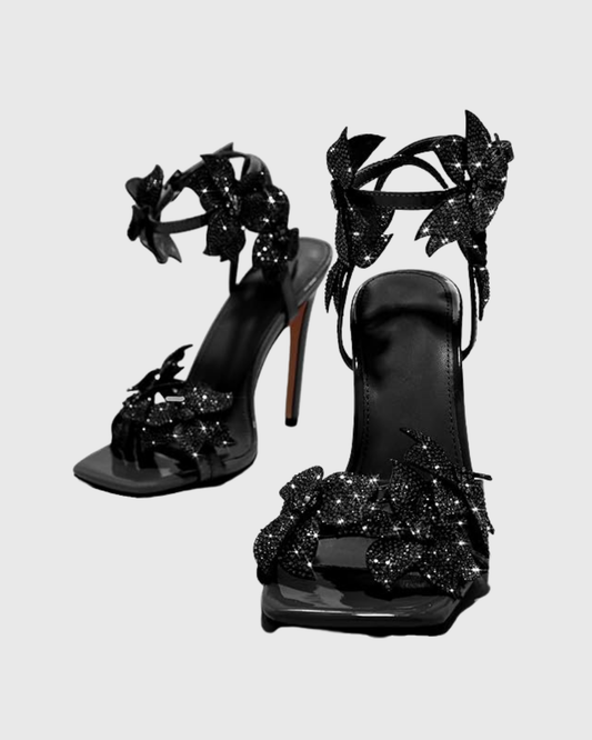 Ester Crystal Flower Strap Sandals In Black