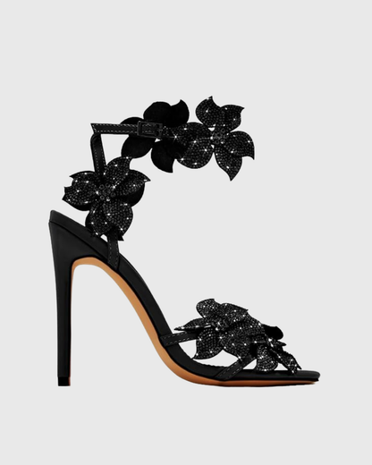 Ester Crystal Flower Strap Sandals In Black