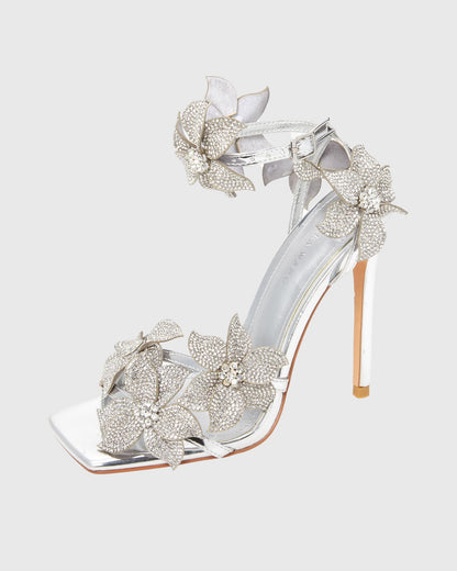 Ester Crystal Flower Strap Sandals In Silver