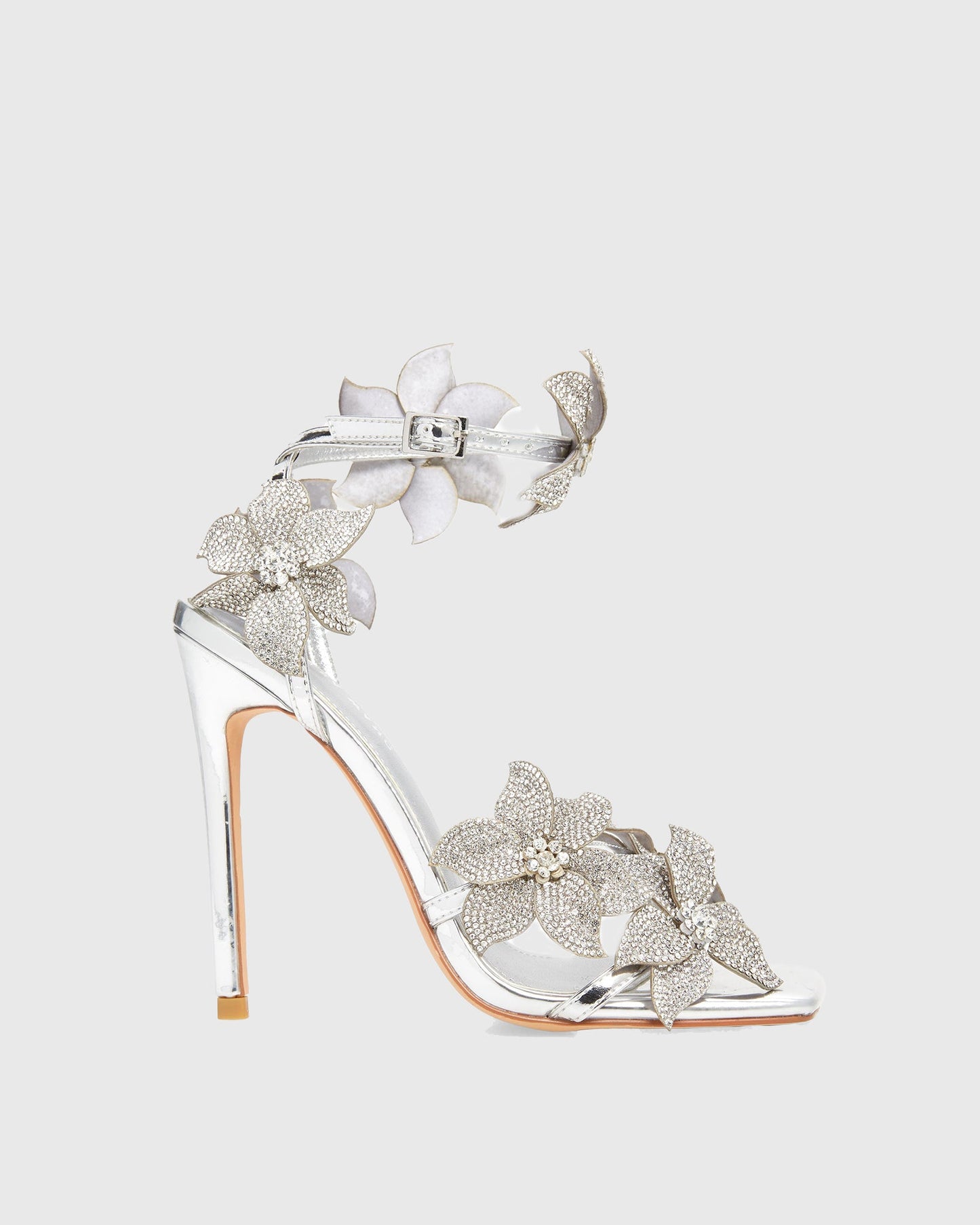 Ester Crystal Flower Strap Sandals In Silver
