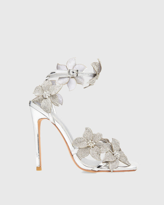Ester Crystal Flower Strap Sandals In Silver