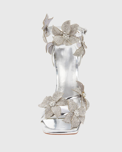 Ester Crystal Flower Strap Sandals In Silver