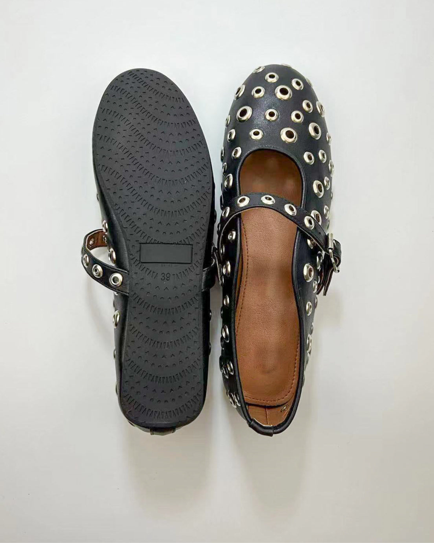 Eyelet Rivet Cutout Leather Ballet Flats In Black
