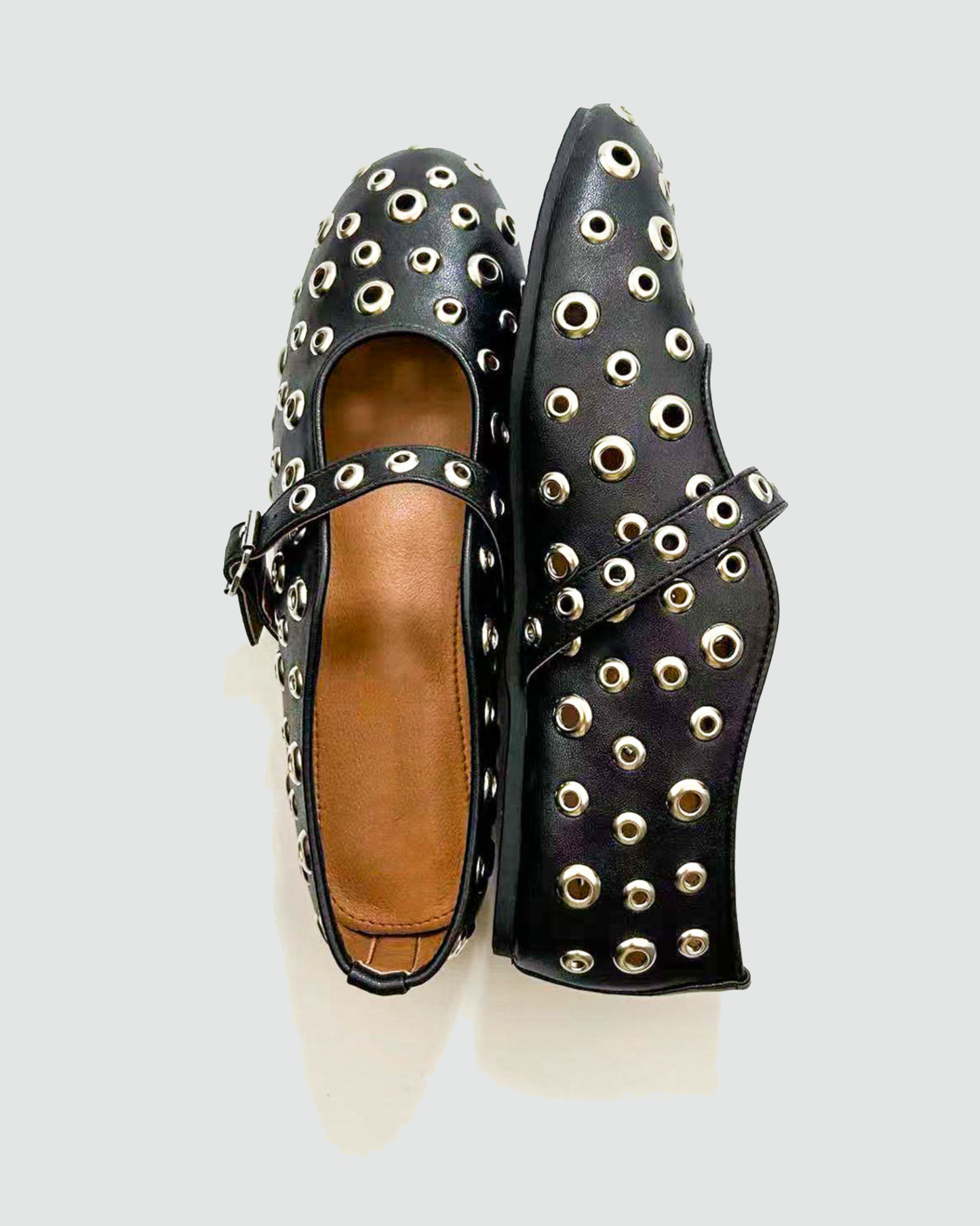 Eyelet Rivet Cutout Leather Ballet Flats In Black