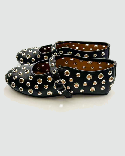 Eyelet Rivet Cutout Leather Ballet Flats In Black