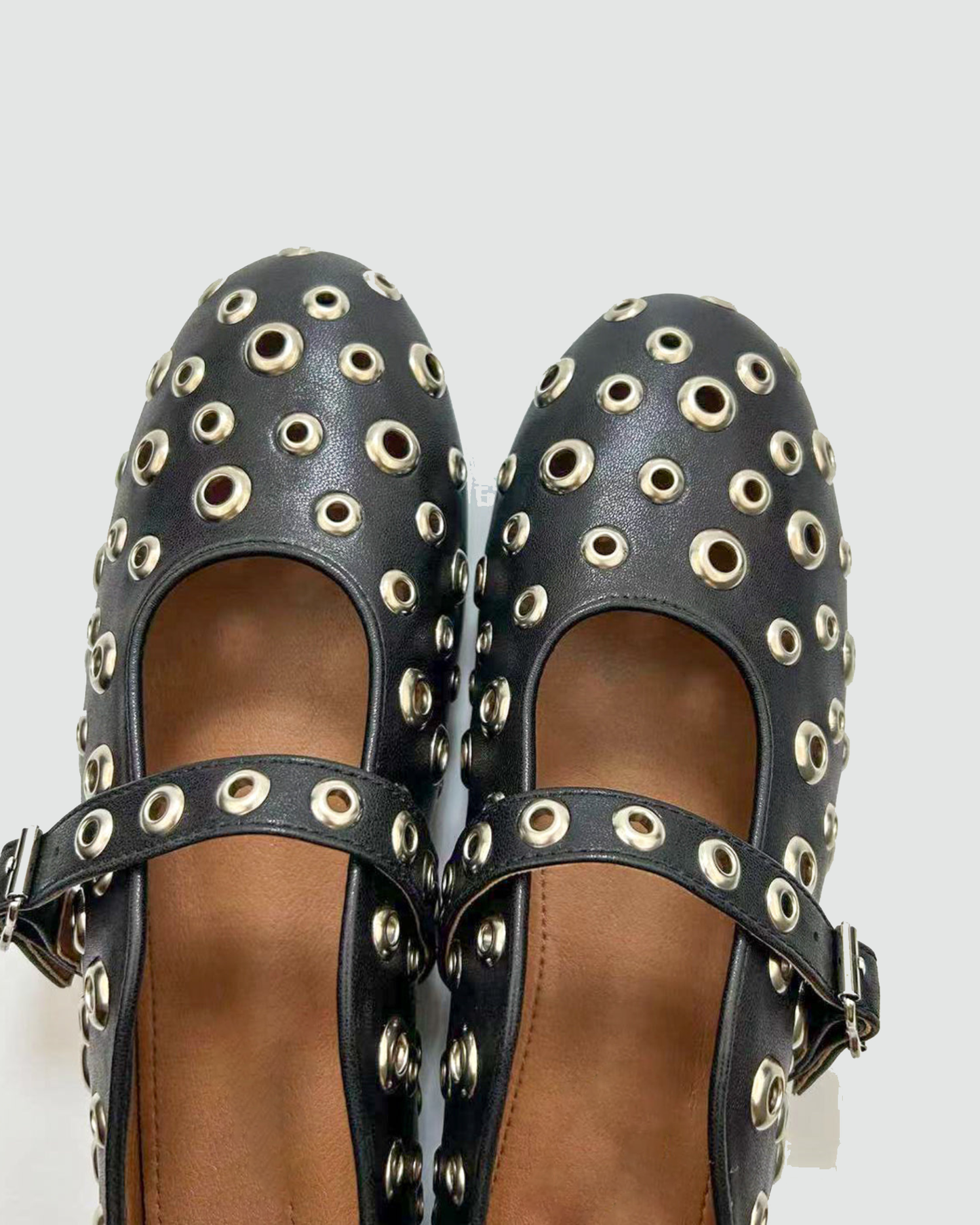 Eyelet Rivet Cutout Leather Ballet Flats In Black