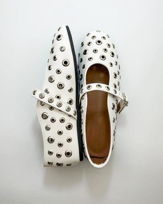 Eyelet Rivet Cutout Leather Ballet Flats In White