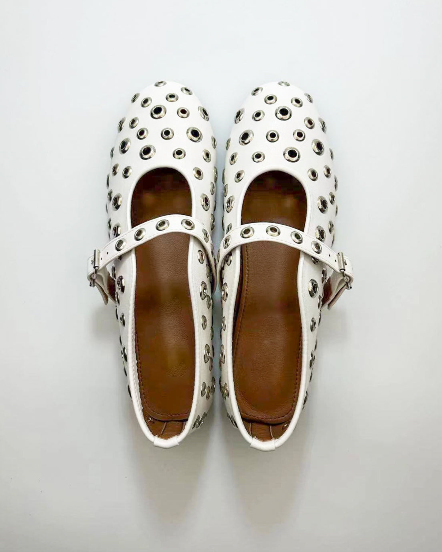 Eyelet Rivet Cutout Leather Ballet Flats In White