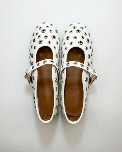 Eyelet Rivet Cutout Leather Ballet Flats In White