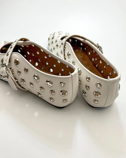 Eyelet Rivet Cutout Leather Ballet Flats In White