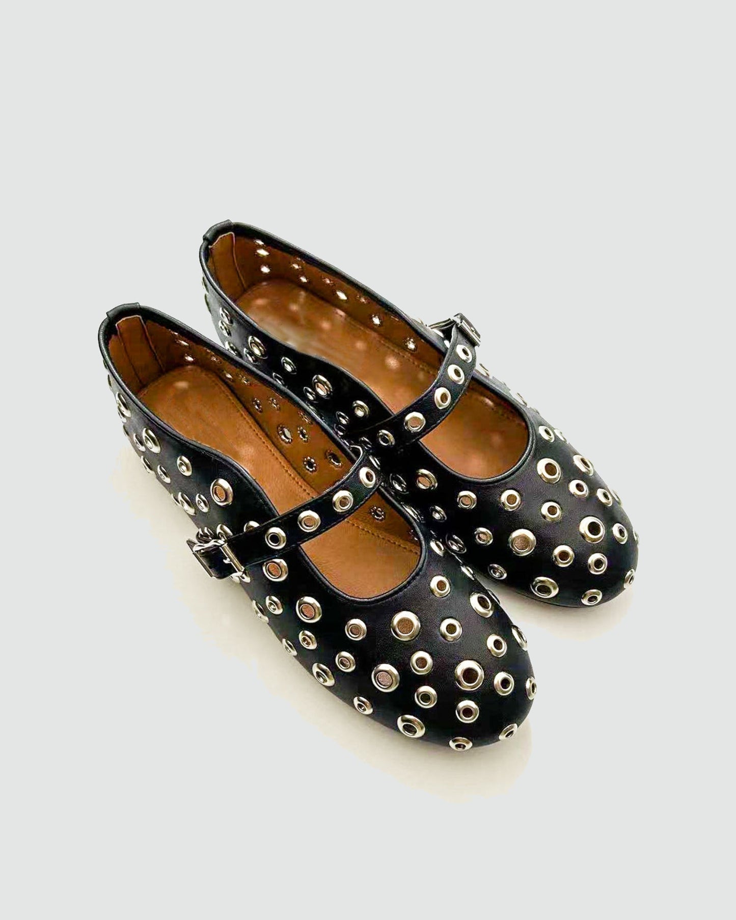 Eyelet Rivet Cutout Leather Ballet Flats In Black
