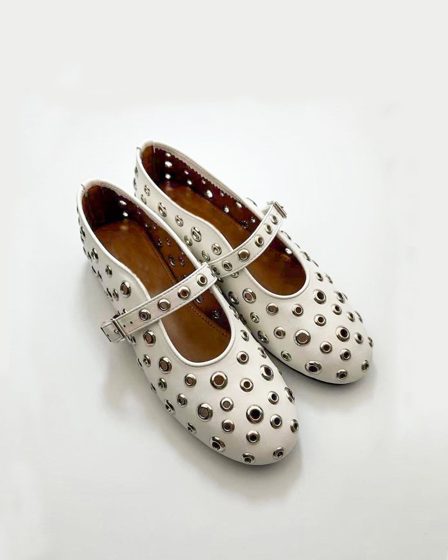 Eyelet Rivet Cutout Leather Ballet Flats In White