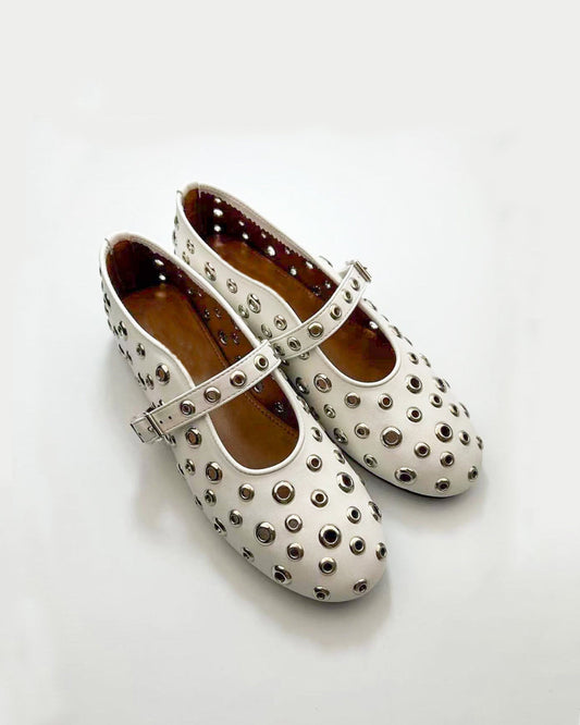 Eyelet Rivet Cutout Leather Ballet Flats In White