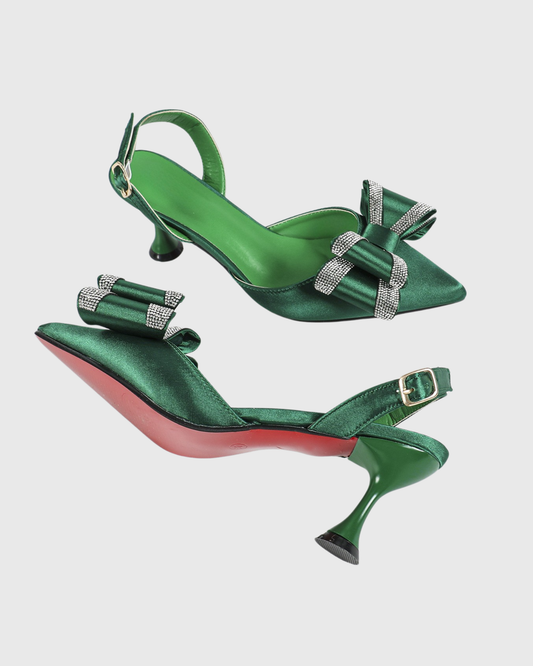 Elena Sparkle Bow Satin Flared Heels In Green