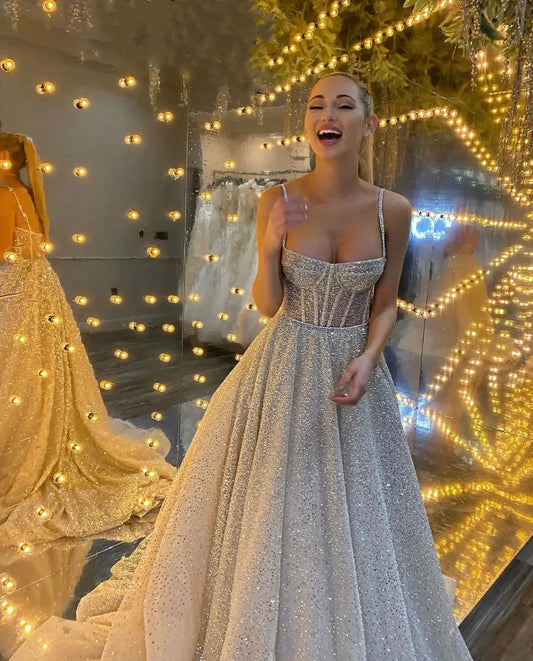 Shining A-Line Spaghetti Straps Long Wedding Prom Dress