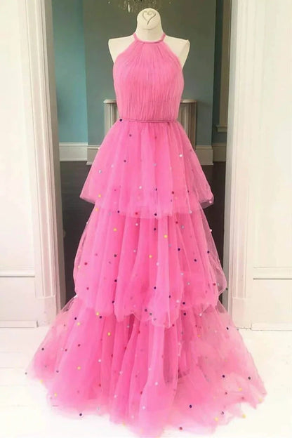 PM031,Cute halter pink tulle long prom dresses sleeveless evening formal gown