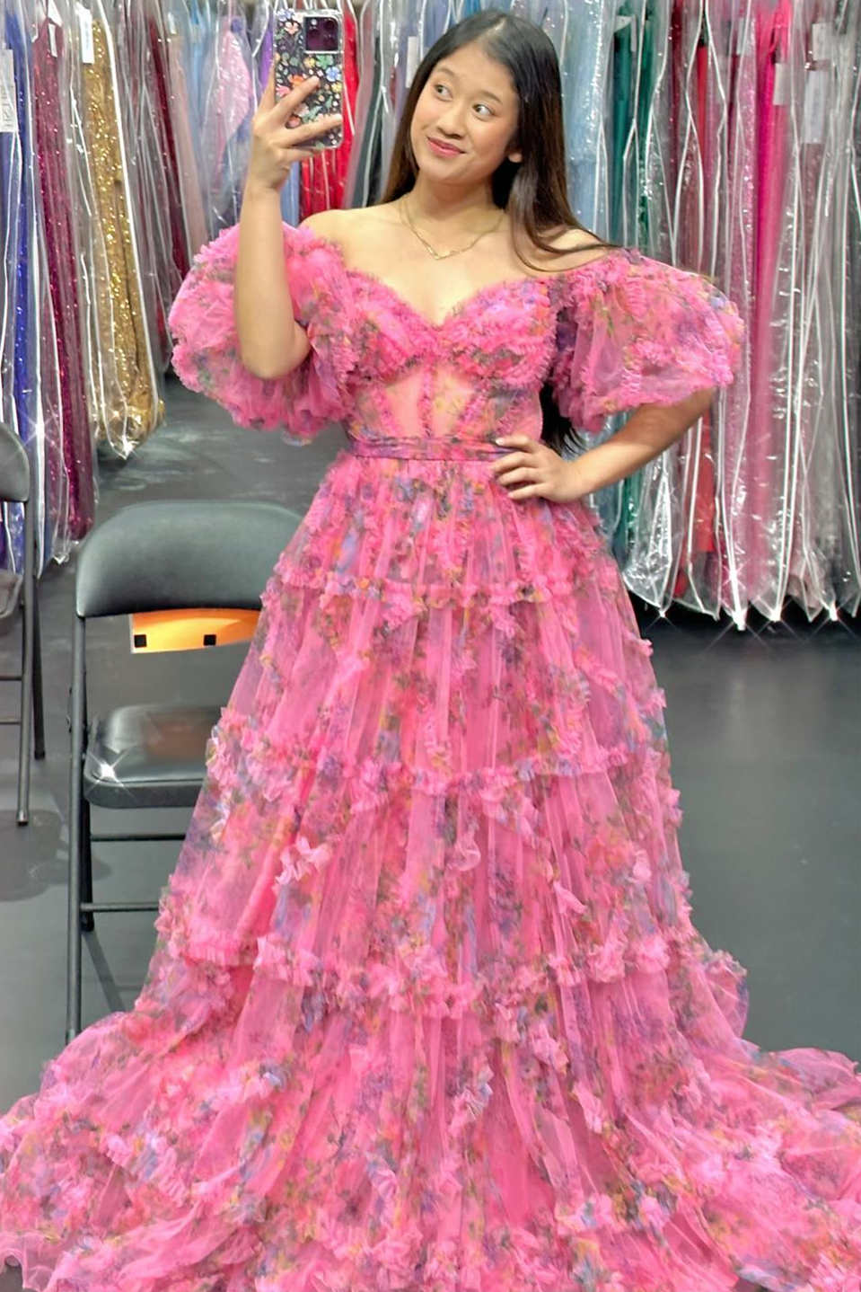 Floral Print Pink Off The Shoulder A-Line Long Evening Prom Dress