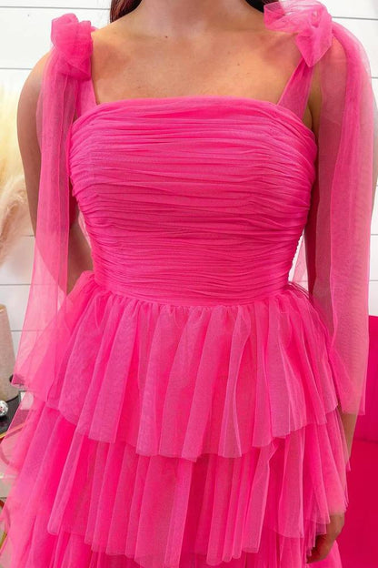 Light Blue Pleated Ruffled Prom Dress with Bow Tie Straps