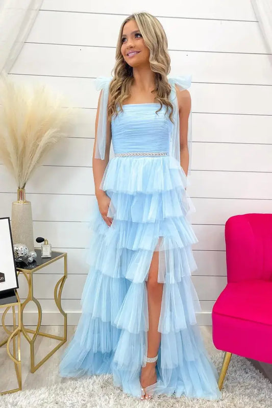 Light Blue Pleated Ruffled Prom Dress with Bow Tie Straps