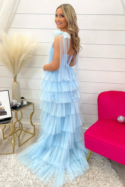 Light Blue Pleated Ruffled Prom Dress with Bow Tie Straps