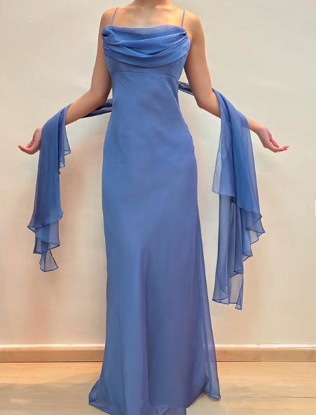 Elegant Blue Chiffon Sheath Prom Dress Party Gown