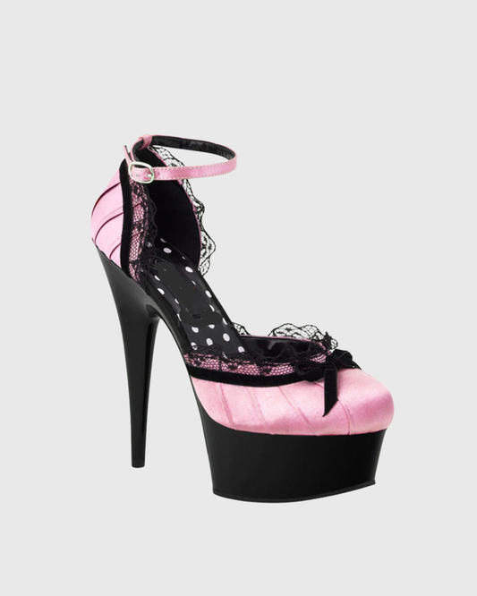Fadia Satin Lace Splicing Bow Strap Platform Pumps In Pink
