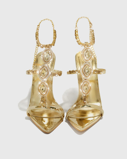 Febe Diamond Ankle Strap Sandals In Gold