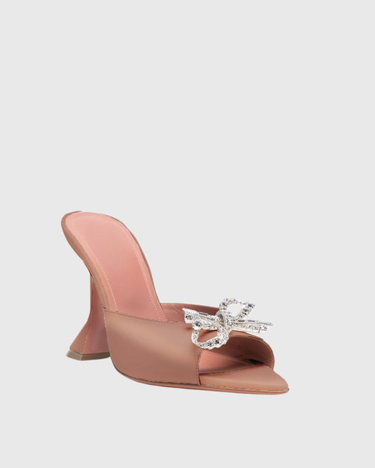 Fedora Crystal Bow Satin Flared Mules In Champagne