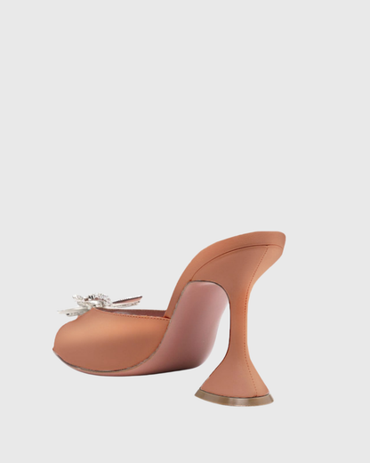 Fedora Crystal Bow Satin Flared Mules In Champagne