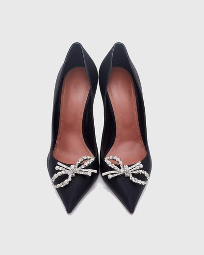 Fedora Crystal Bow Satin Pumps In Black