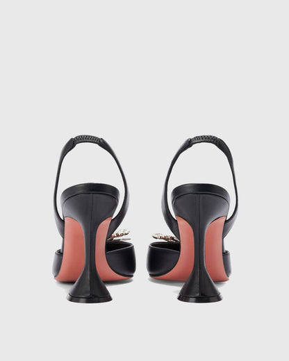 Fedora Crystal Bow Satin Slingback Flared Heels In Black