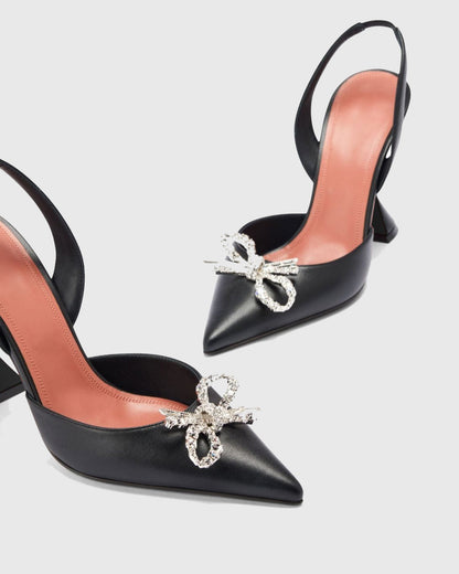 Fedora Crystal Bow Satin Slingback Flared Heels In Black