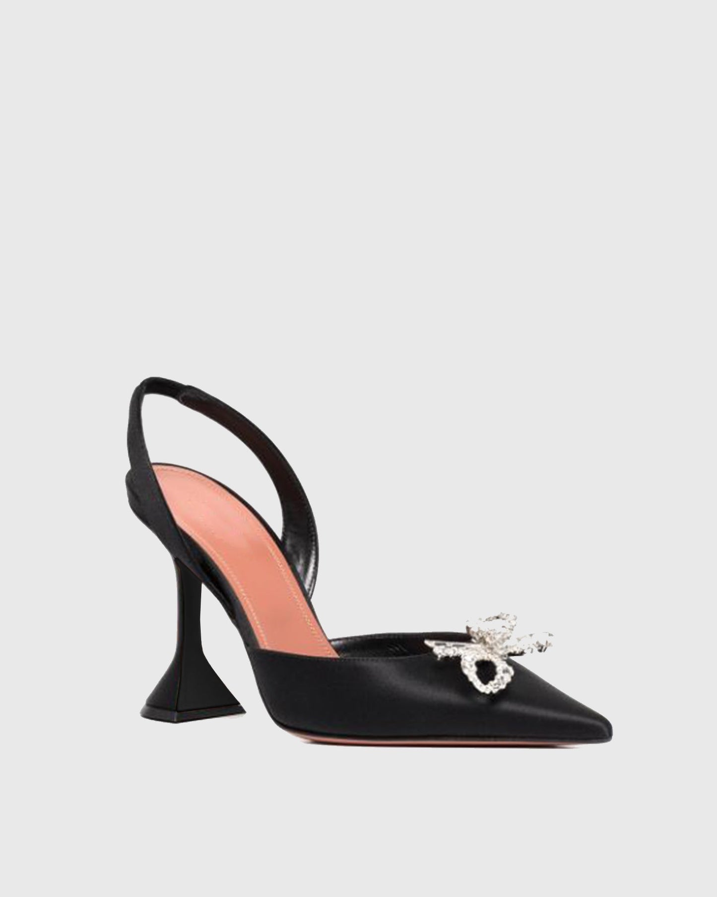 Fedora Crystal Bow Satin Slingback Flared Heels In Black