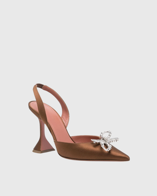 Fedora Crystal Bow Satin Slingback Pumps In Brown