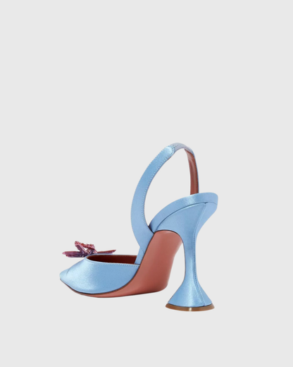 Fedora Crystal Bow Satin Slingback Pumps In Sky