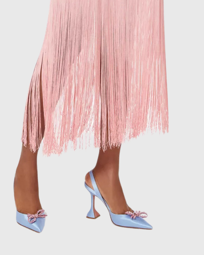 Fedora Crystal Bow Satin Slingback Pumps In Sky