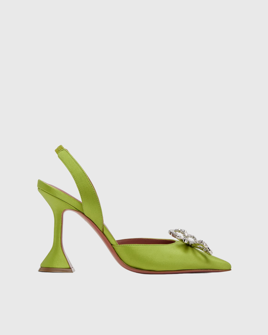 Fedora Crystal Bow Satin Slingback Pumps In Green