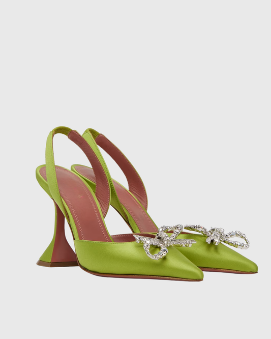 Fedora Crystal Bow Satin Slingback Pumps In Green