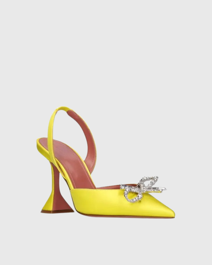 Fedora Crystal Bow Satin Slingback Pumps In Yellow